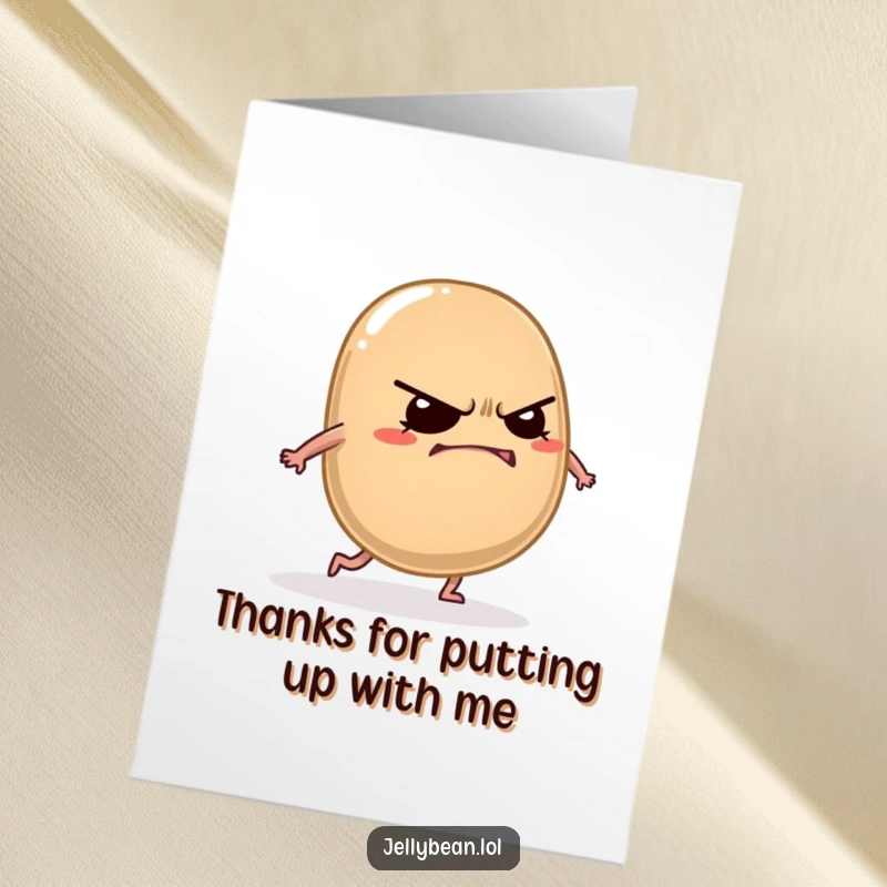 Funny Free Printable Thank You Card: Grumpy jelly bean trips with a mischievous grin, a funny downloadable art gift.