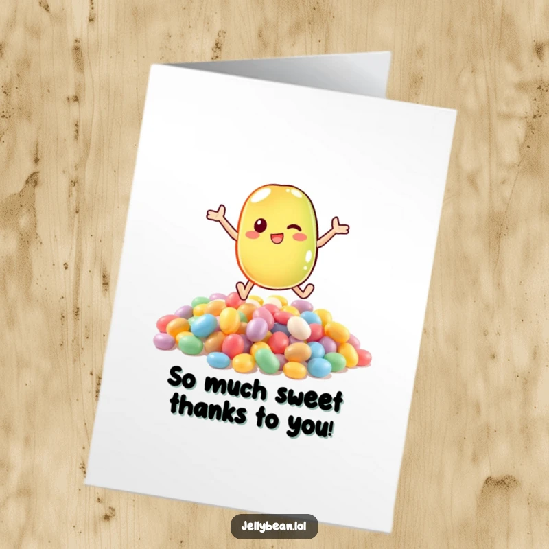 Funny Free Printable Thank You Card of a jelly bean diving headfirst into a delightful pile of assorted candies.