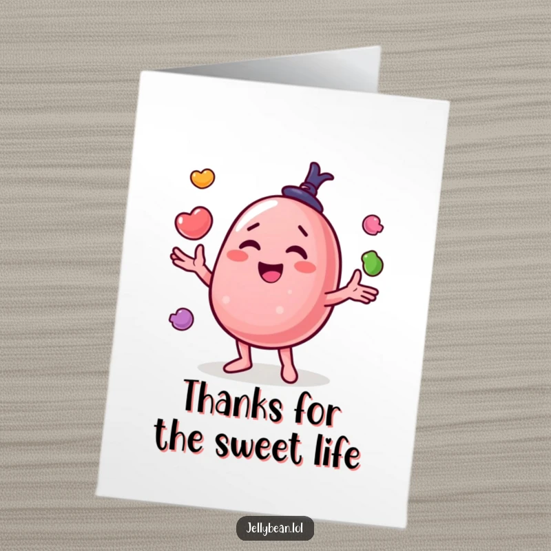 Funny Free Printable Thank You Card: Jelly bean character juggling candies happily, showing gratitude, cheerful DIY card.