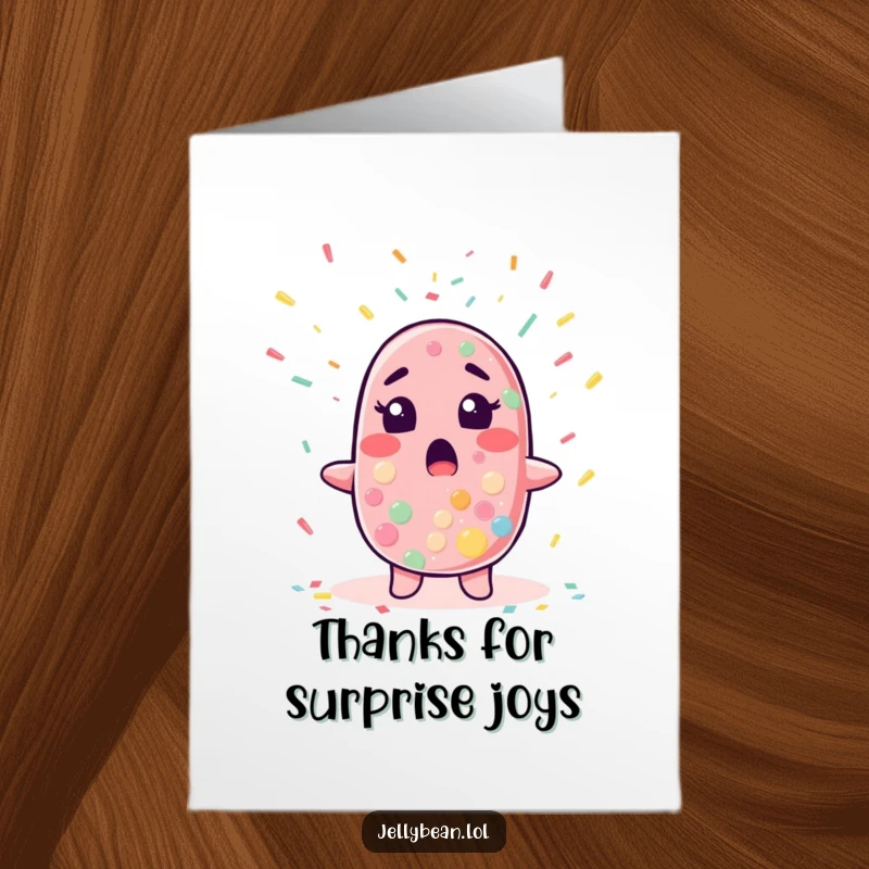 Funny Free Printable Thank You Card: Jelly bean character surprised by confetti, expressing thanks, cheerful DIY card.
