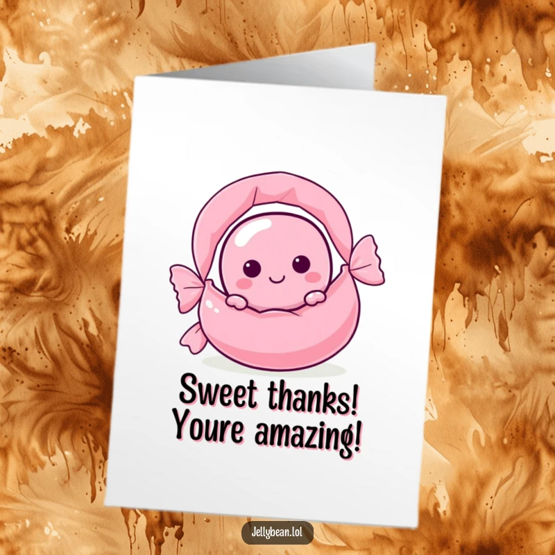 Funny Free Printable Thank You Card of a jelly bean character subtly peeking from behind a large candy wrapper.