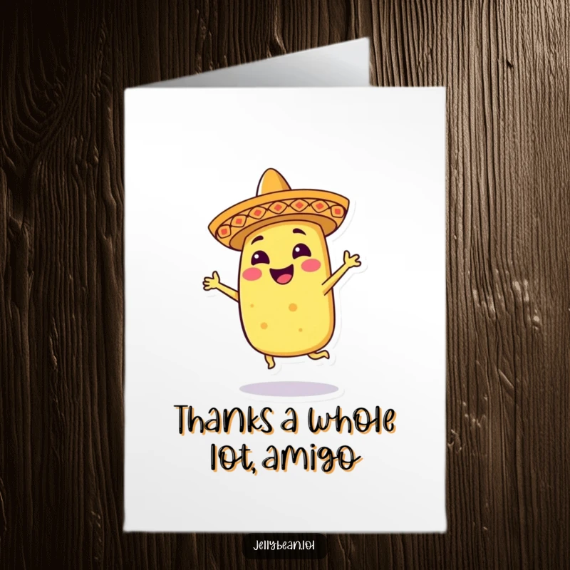 Funny Free Printable Thank You Card: A smiling taco in a sombrero dancing energetically, a delightful way to give thanks.
