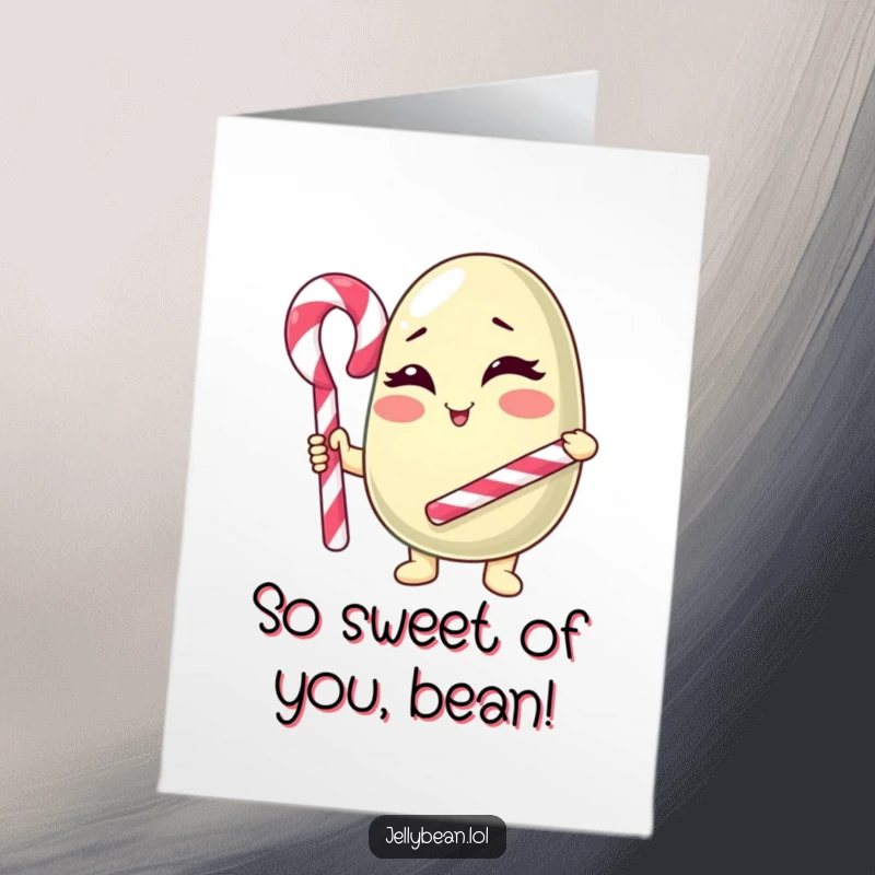 Funny Free Printable Thank You Card: A winking jelly bean character with a candy cane cane, expressing thanks humorously