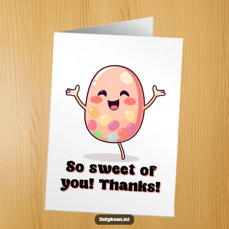 Funny Free Printable Thank You Card: A cheerful jelly bean character grooving to show appreciation.