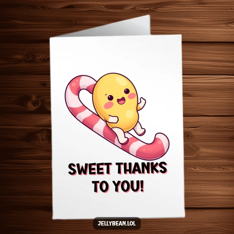 Funny Free Printable Thank You Card: Jelly bean character gleefully riding a giant candy cane, ideal DIY gift.