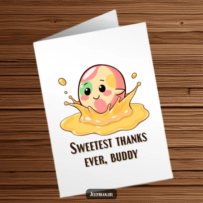 Funny Free Printable Thank You Card: A jelly bean character swimming joyfully in syrup, expressing thanks