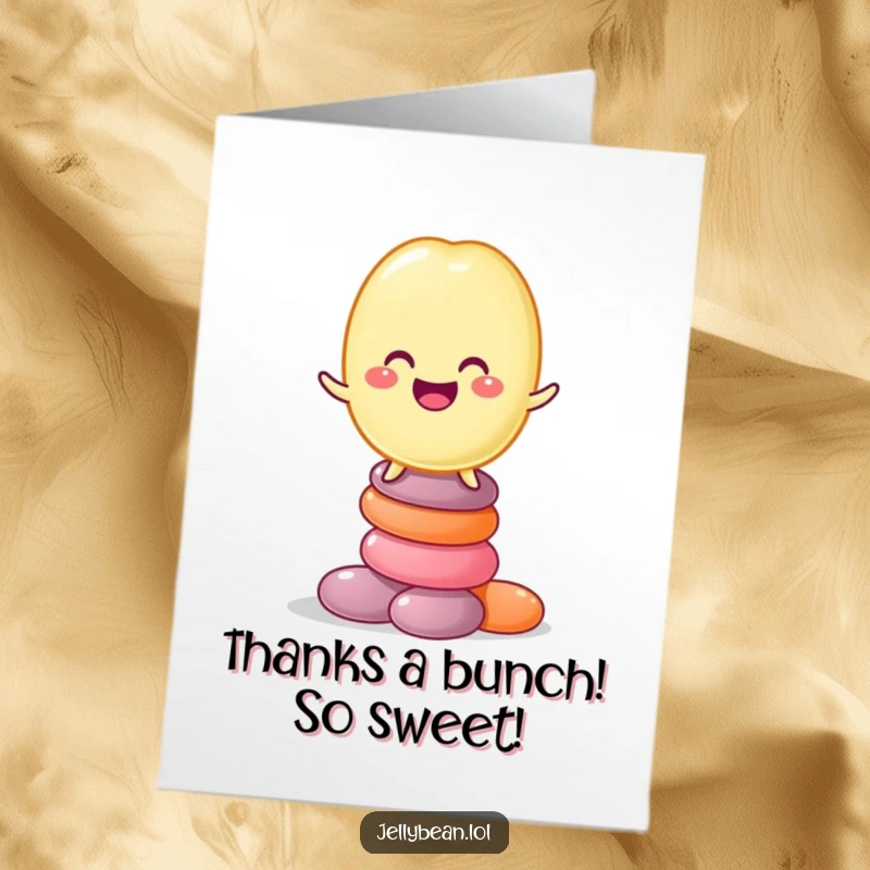 Funny Free Printable Thank You Card: A beaming jelly bean character expertly teeters on a delightful stack of assorted candies.