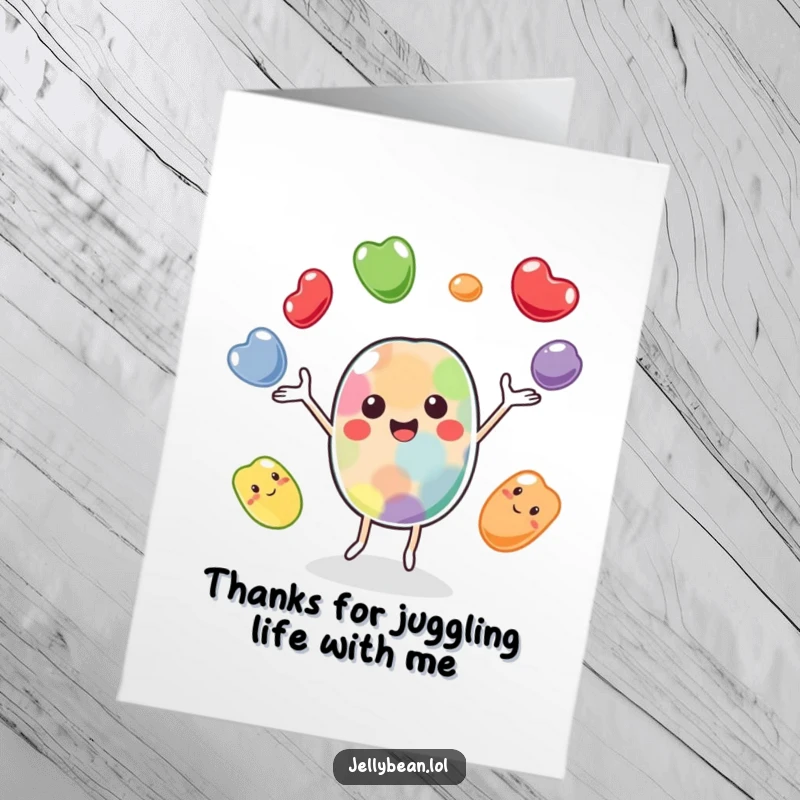 Funny Free Printable Thank You Card showing a cheerful jelly bean character skillfully juggling its bean friends, expressing thanks.