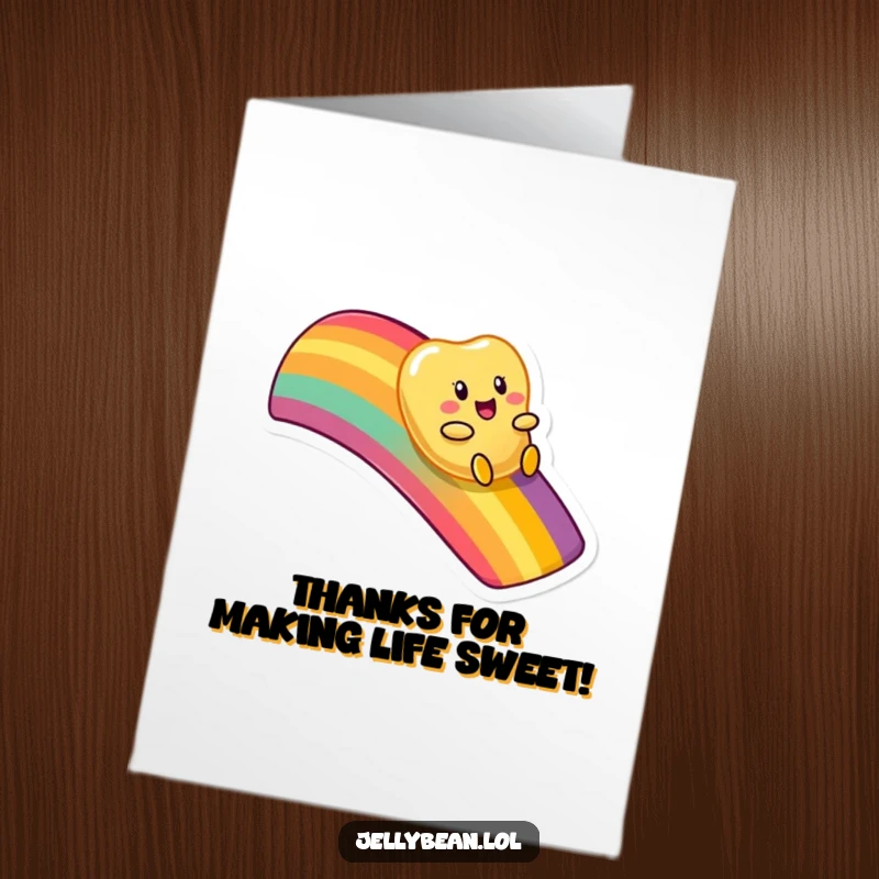 Funny Free Printable Thank You Card featuring a jelly bean effortlessly sliding down a beautiful, arcing rainbow.