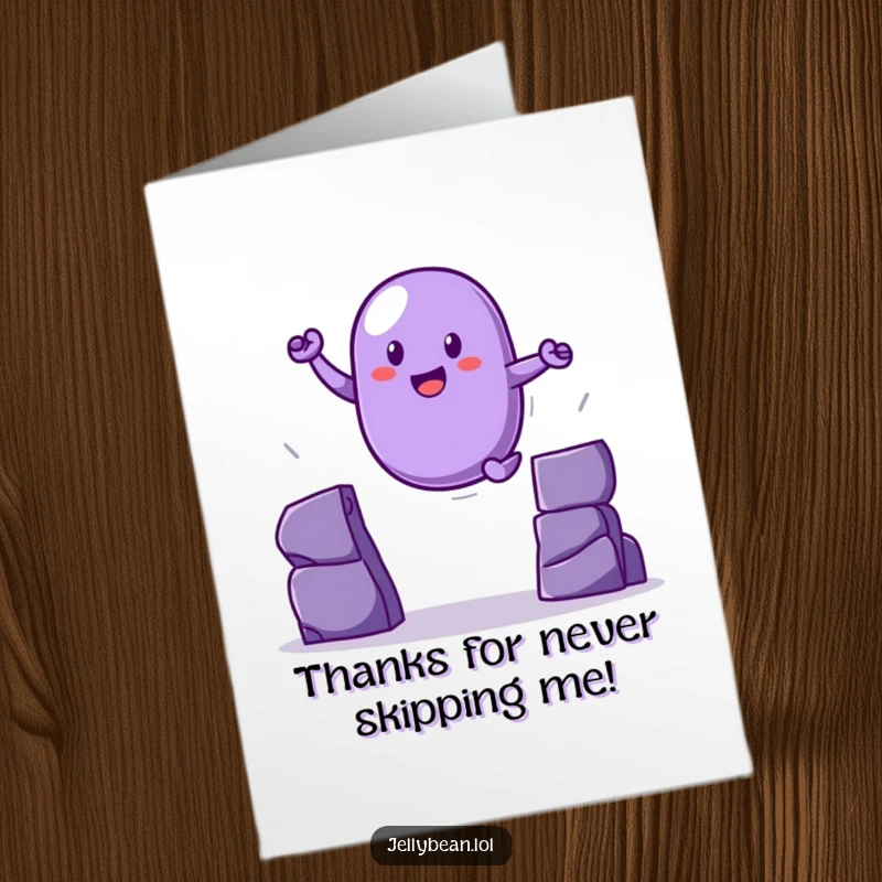 Funny Free Printable Thank You Card: A purple jelly bean hero bravely leaps over a gap, saying thank you.