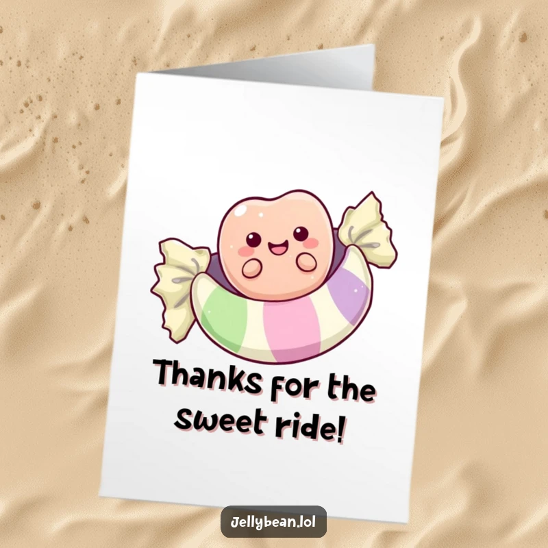 Funny Free Printable Thank You Card: Jelly Bean Happily Surfing on a Giant Candy Wrapper