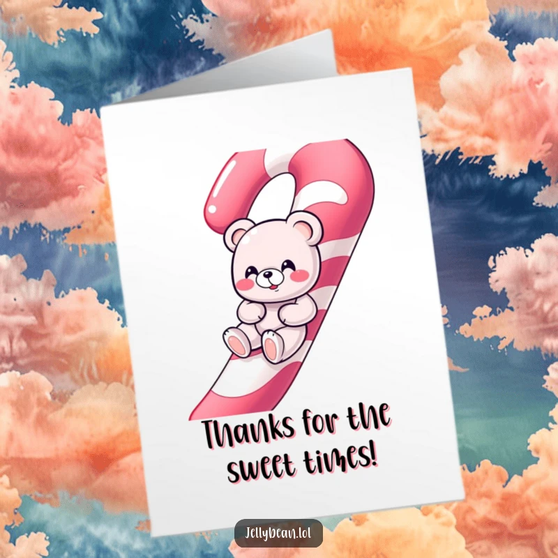 Funny Free Printable Thank You Card: A giggling gummy bear character slides down a giant candy cane, expressing thanks with glee.