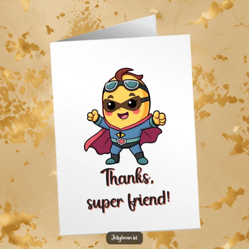 Funny Free Printable Thank You Card: Jelly bean superhero striking a dynamic pose, offering thanks, cool DIY card.