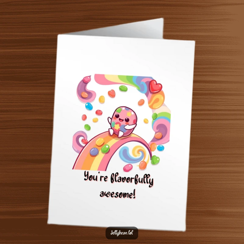 Funny Free Printable Thank You Card shows a giggling jelly bean character surfing down a rainbow made of delicious swirling flavors.