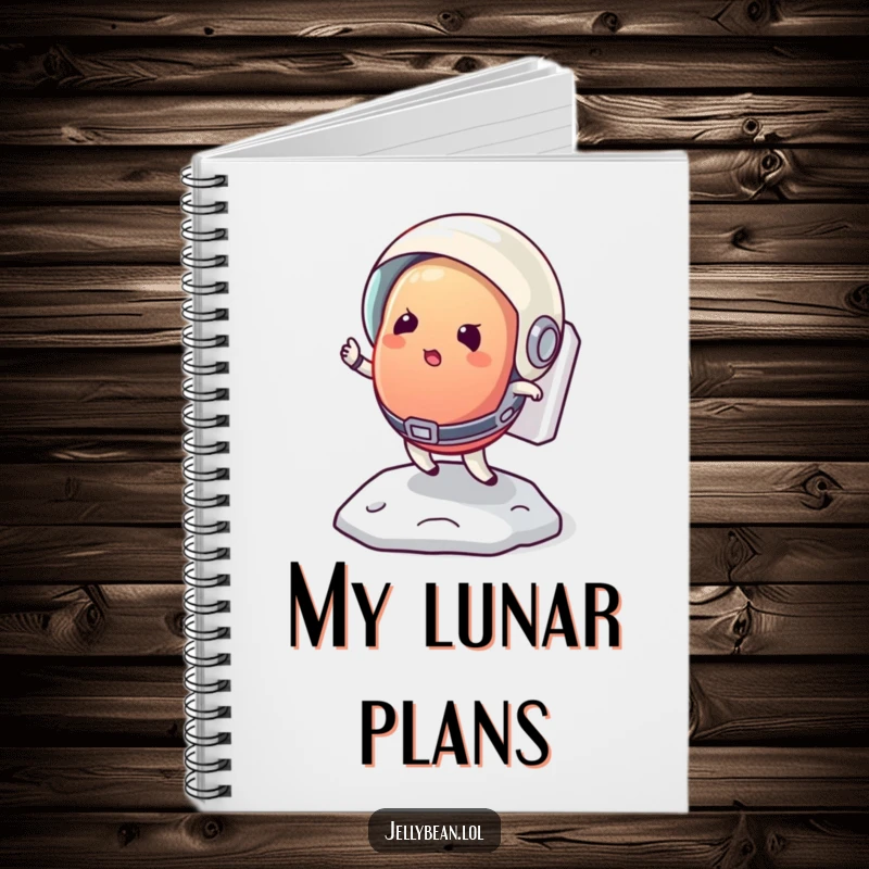 Funny notebook with a determined jelly bean astronaut bouncing on the moon, inspiring cosmic creativity.