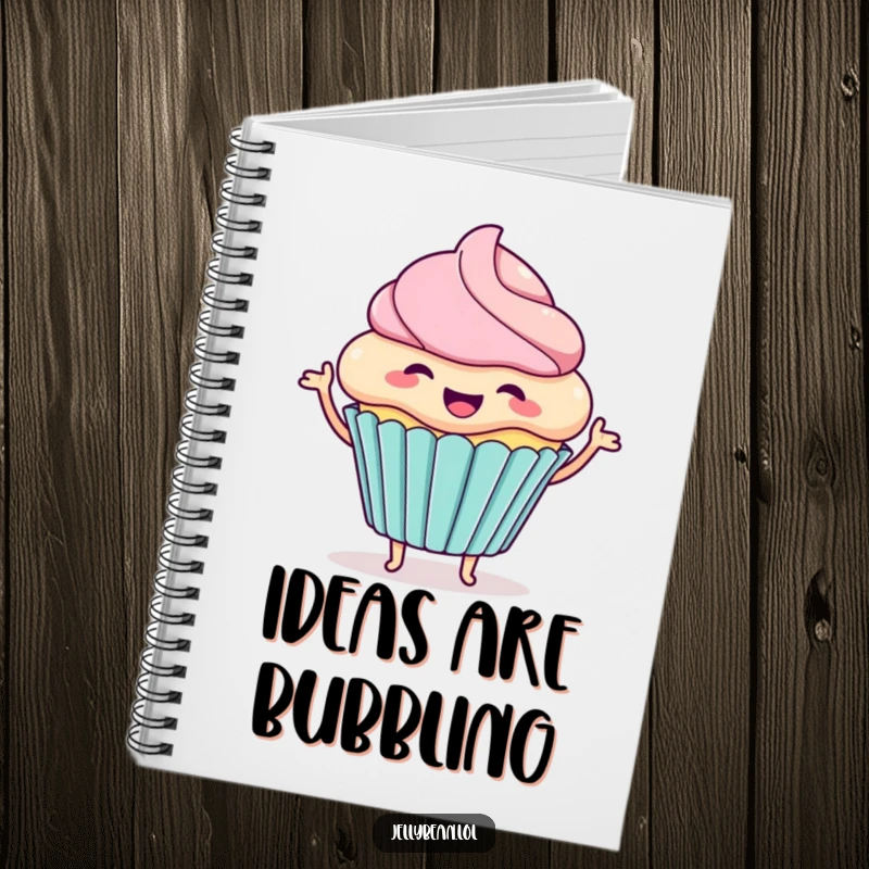 Funny notebook featuring a happy cupcake character wiggling with excitement, perfect for jotting down notes with playful and sweet humor.