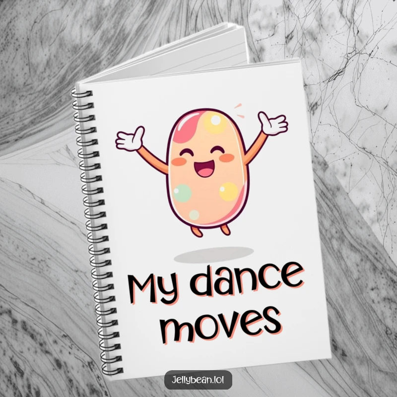 Funny Notebook with a jelly bean character in a joyful dance pose, perfect for jotting down ideas and movements.