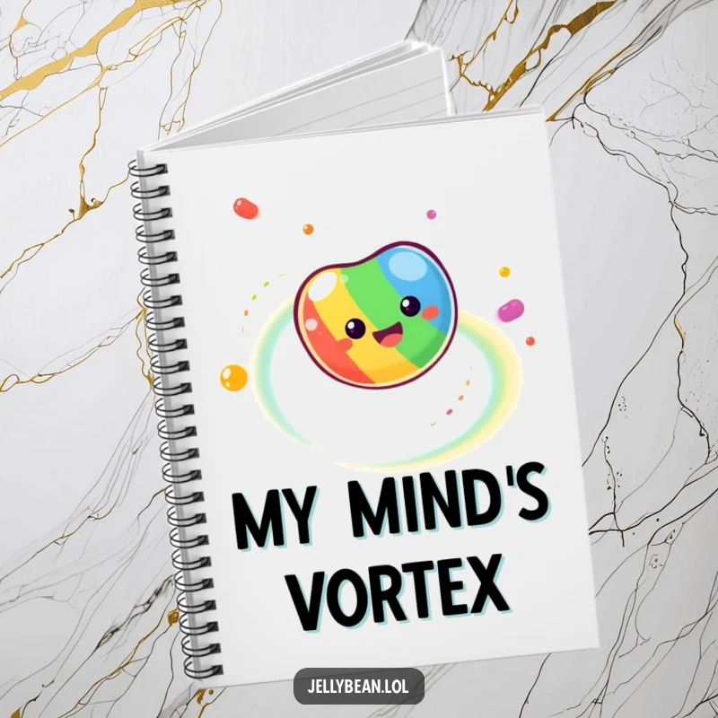 Funny Notebook showcasing a dizzy jelly bean spinning rapidly, leaving a vibrant trail of rainbow colors, ideal for capturing colorful ideas.