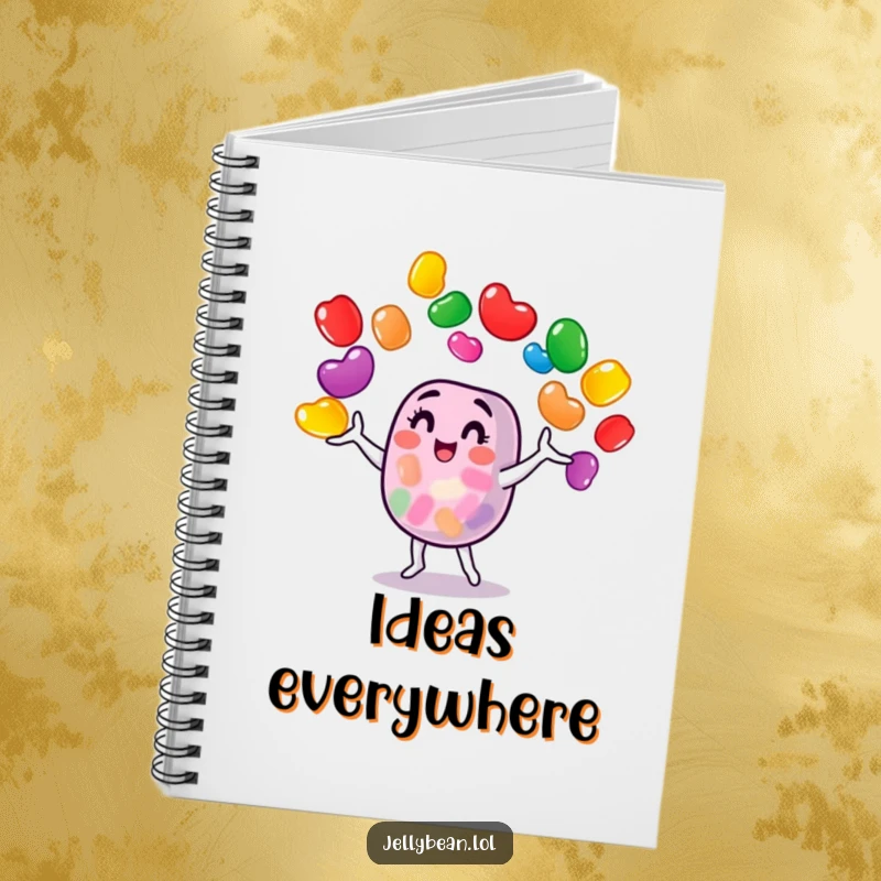 Funny jelly bean character juggling colorful jelly beans on a notebook cover, inspiring creativity and organization.