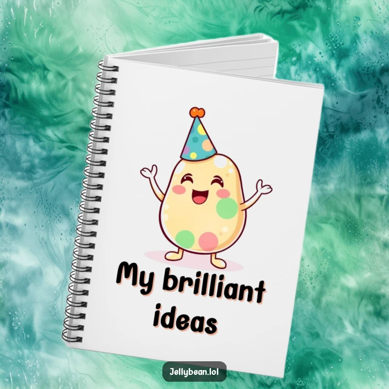 Funny notebook with a cheerful anthropomorphic jelly bean character sporting a party hat, ideal for jotting down bright ideas.