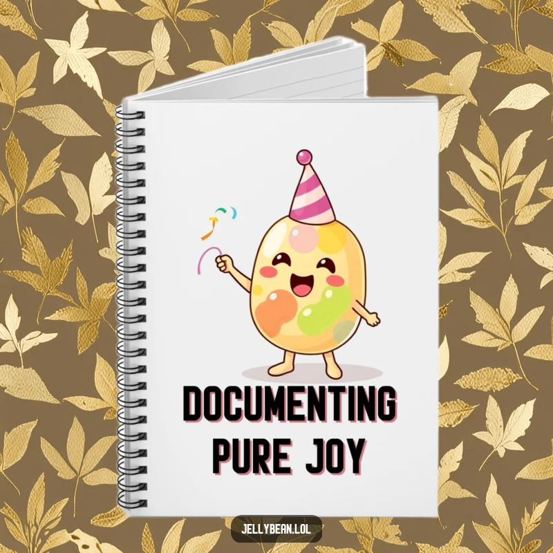 Funny Notebook adorned with a beaming jelly bean character excitedly throwing a tiny party streamer, perfect for jotting down notes with joy.