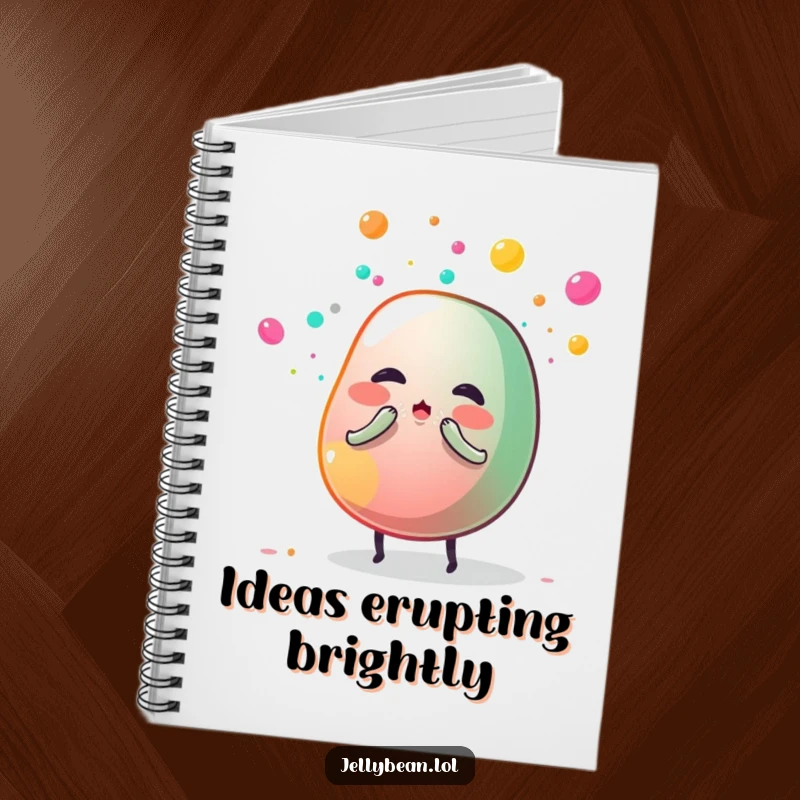 Funny notebook cover featuring a jelly bean character sneezing sugar dust, perfect for note-taking and inspiring creative, humorous ideas.