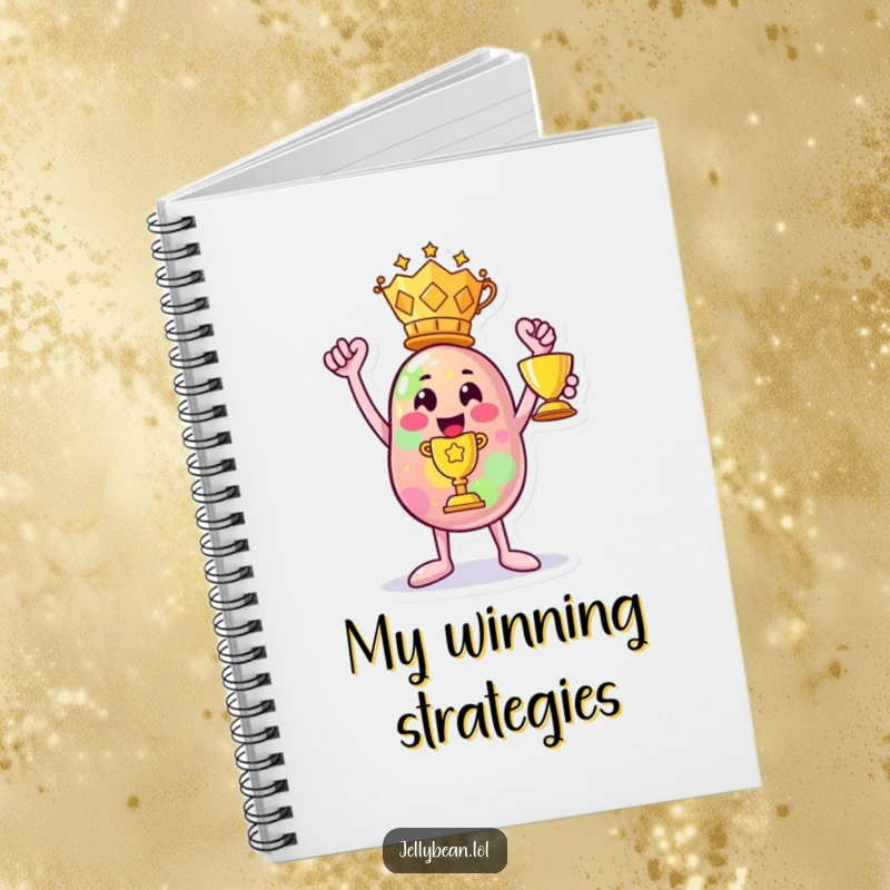 Funny notebook: A jelly bean character triumphantly holds a trophy, ready for notes on winning strategies.