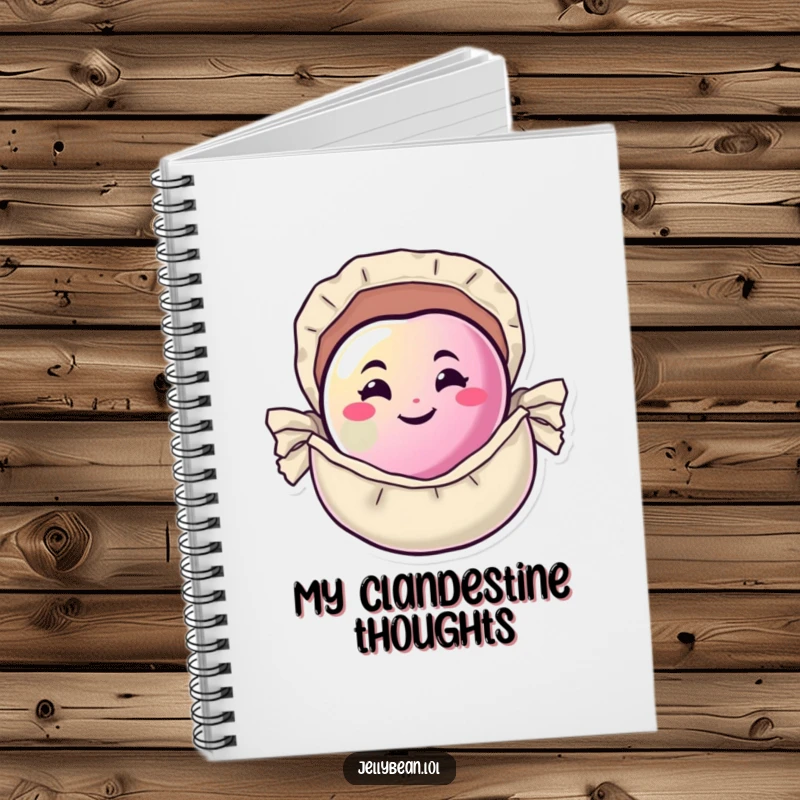 Funny Notebook showcasing a happy jelly bean with a mischievous grin, hiding inside a tiny candy wrapper, ready for your notes.