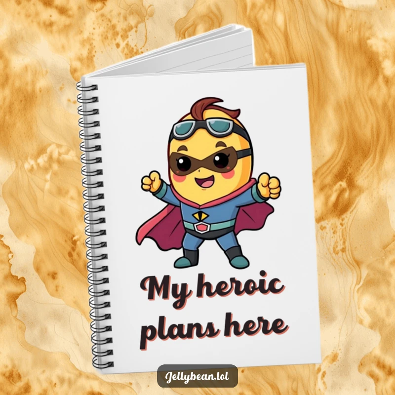 Funny notebook with a jelly bean character as a superhero, striking a dynamic pose, perfect for note-taking and planning.