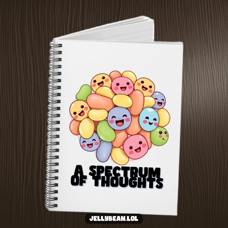 Funny tumbling jelly beans notebook with a cluster of jelly beans with joyful expressions, tumbling, ideal for notes and sweet, humorous journaling.