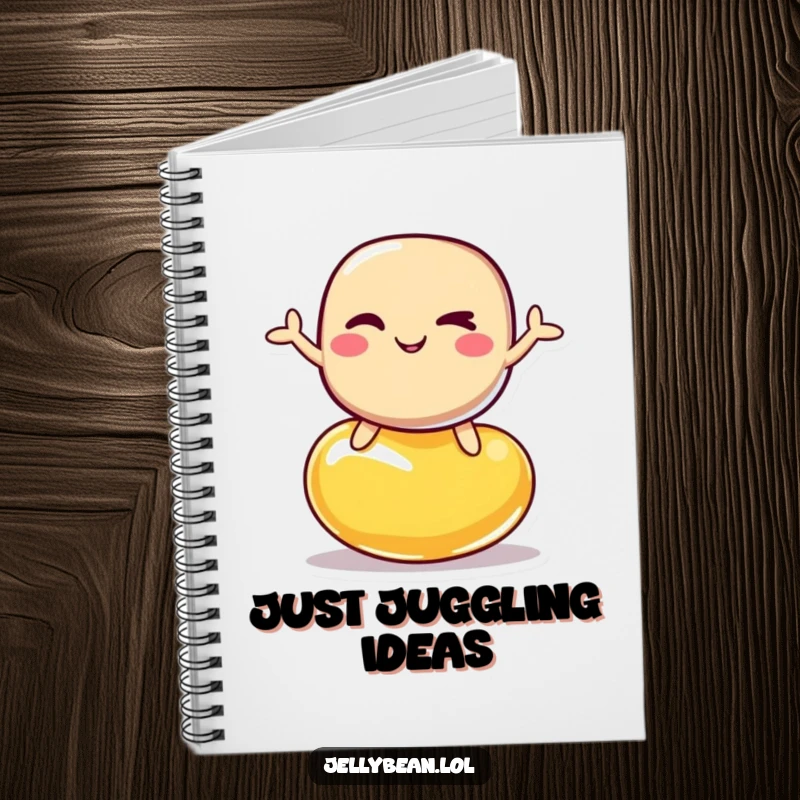 Funny notebook with a jelly bean character winking while balancing on another jelly bean, for note-taking and journaling.