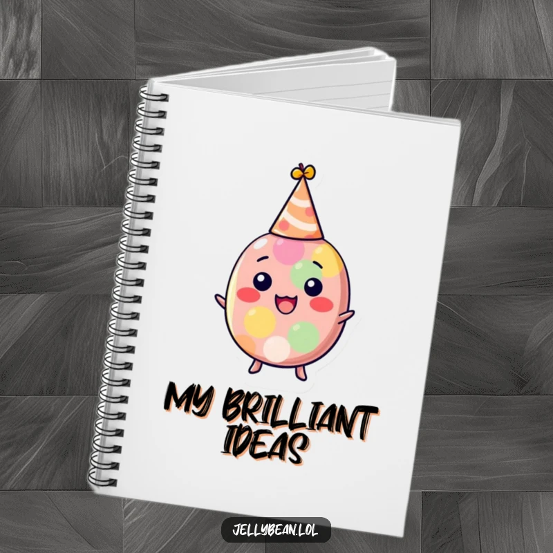 Funny jelly bean notebook with a delighted character in a party hat, ready to jot down ideas, a cheerful and humorous stationery item, great funny gift.