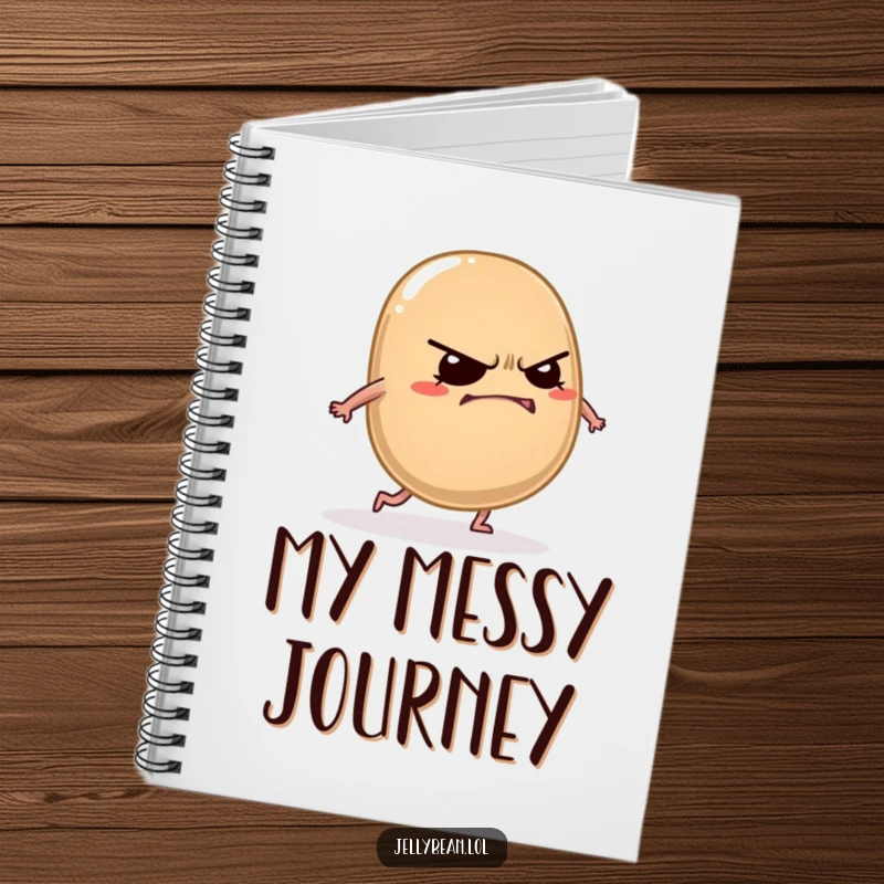 Funny jelly bean notebook featuring a grumpy character cracking a mischievous grin while tripping over its own feet.