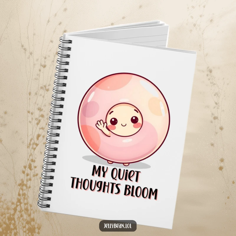 Funny notebook with a shy jelly bean character peeking from behind a large gumdrop, offering a small, gentle wave, ready for your notes.