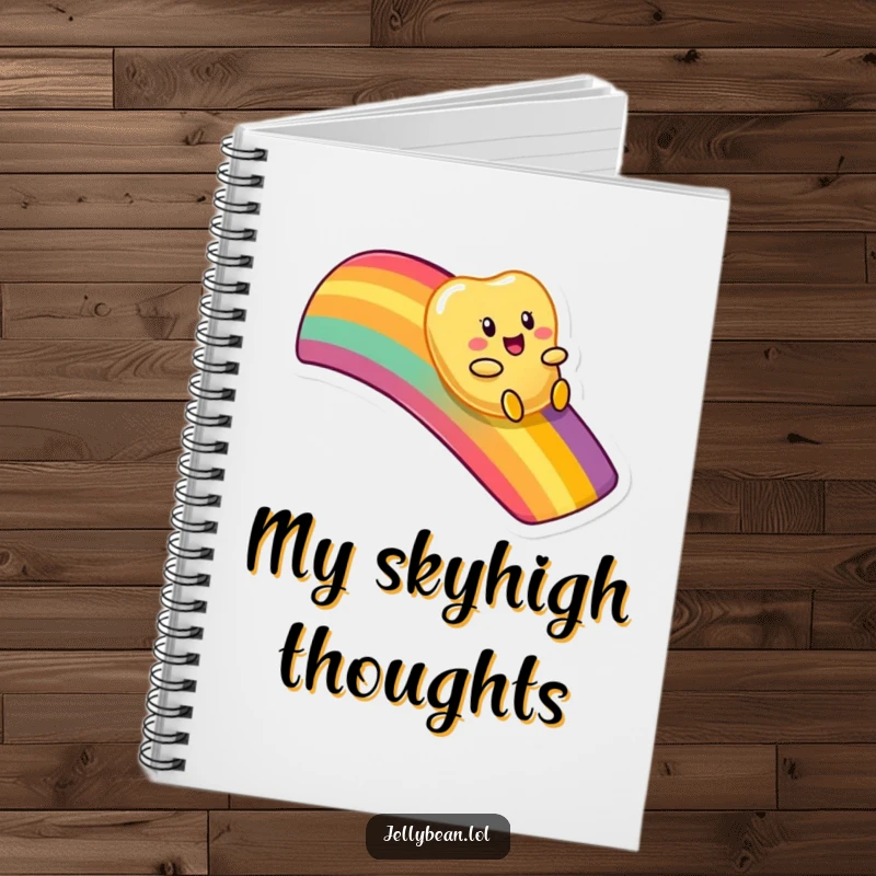 Funny notebook with a cheerful anthropomorphic jelly bean character sliding down a rainbow, ideal for jotting down colorful ideas.