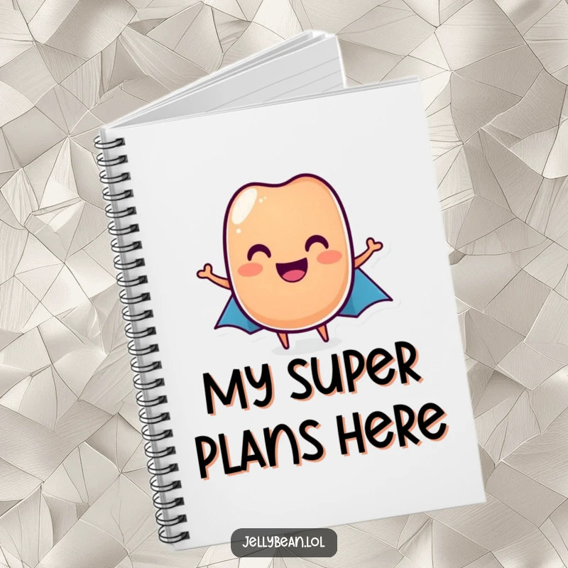 Funny jelly bean hero notebook with a grinned, caped jelly bean, perfect for writing funny notes, a great gift.