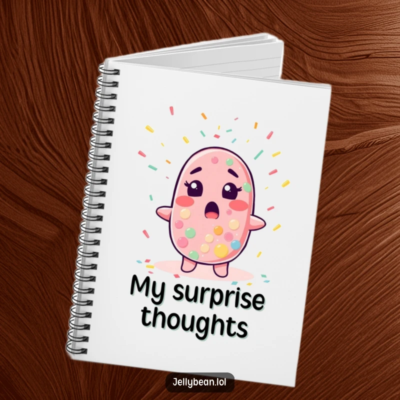 Funny notebook with a jelly bean character looking surprised as confetti falls, perfect for jotting down spontaneous ideas.