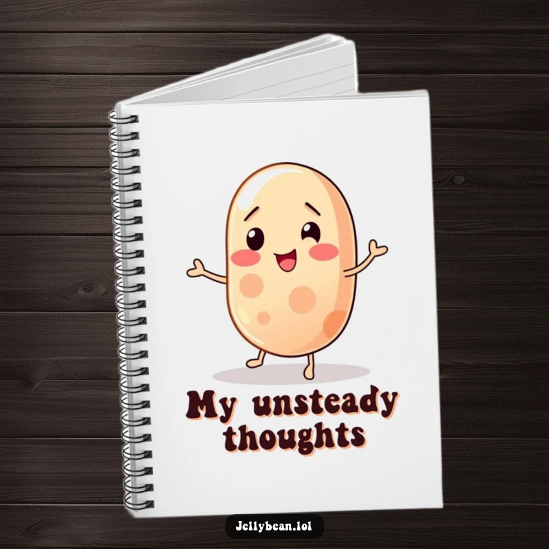 Funny jelly bean notebook with a wobbly character trying to balance, perfect for jotting down ideas with humor, a stimulating and humorous stationery item, great funny gift.