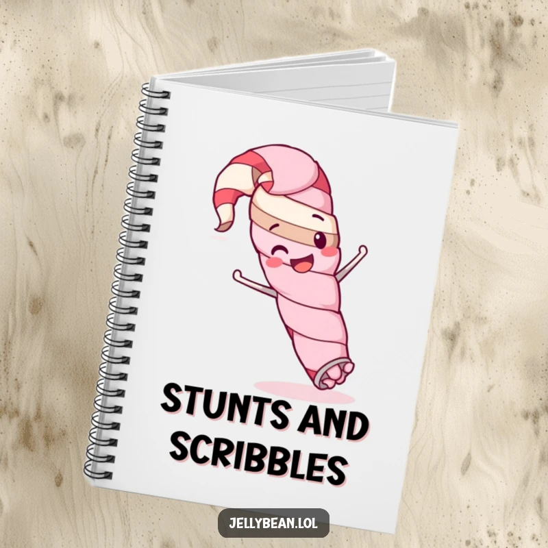 Funny notebook with a happy licorice whip character doing a silly stunt, perfect for notes, ideas, or planning mischief.