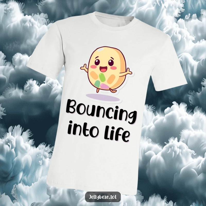 Funny t-shirt depicting a happy, colorful jelly bean character energetically bouncing, full of life and sweet fun.