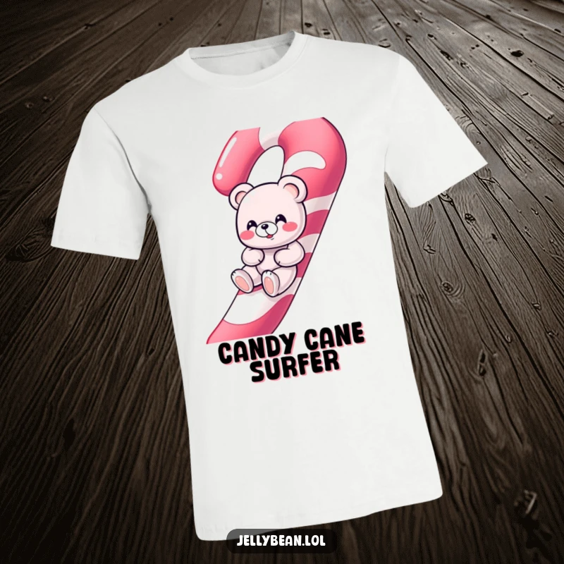 Funny giggling gummy bear character sliding down a giant candy cane on a fun, colorful t-shirt.
