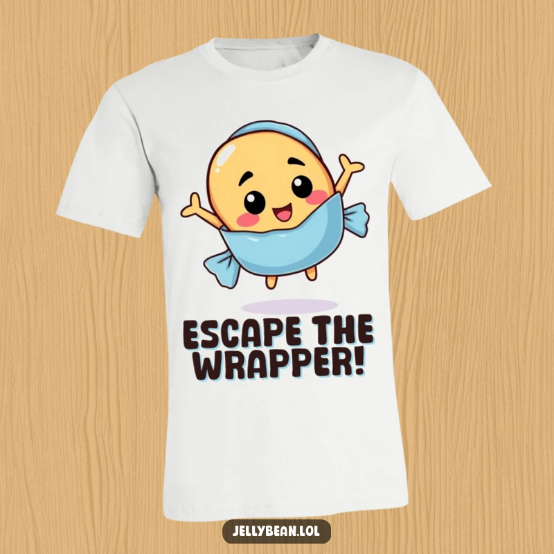 Funny t-shirt showcasing a jelly bean with a funny face popping out of a candy wrapper, a playful design.