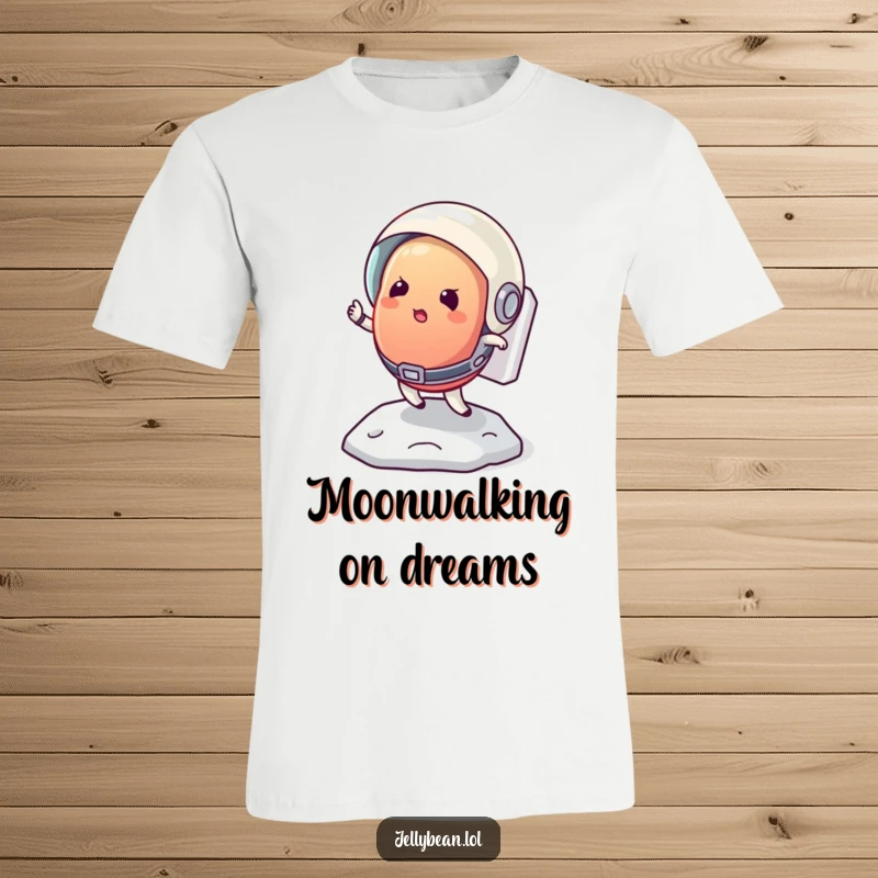 Funny T-shirt displaying a determined jelly bean in an astronaut helmet, bouncing comically on the moon's surface.