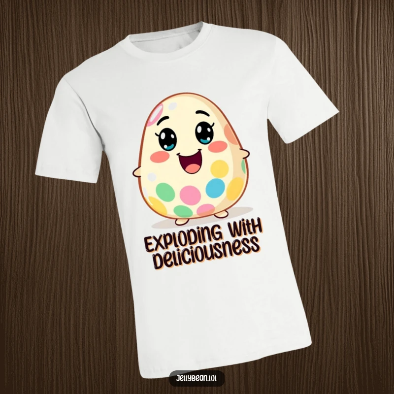 Funny T-Shirt: A jelly bean character with an exaggerated smile explodes with vibrant flavor, showcasing an energetic and humorous personality.