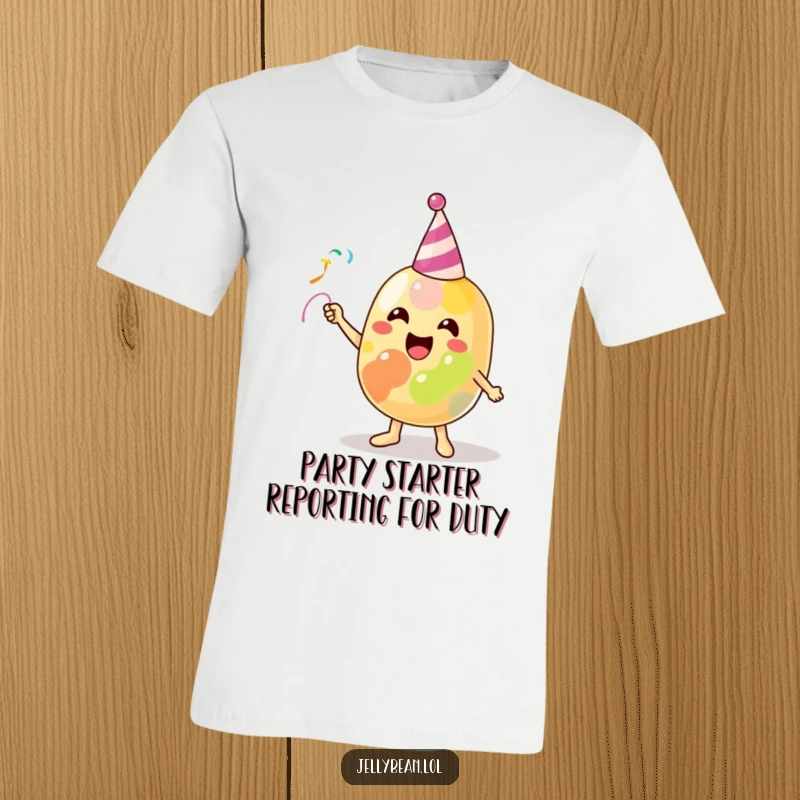 Funny T-Shirt showcasing a delighted jelly bean character enthusiastically tossing a small party streamer, radiating pure happiness.