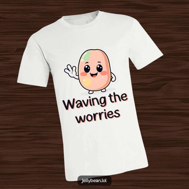 Funny jelly bean t-shirt featuring a jolly character giving a friendly wave, depicting warmth and approachable humor, a great funny gift.