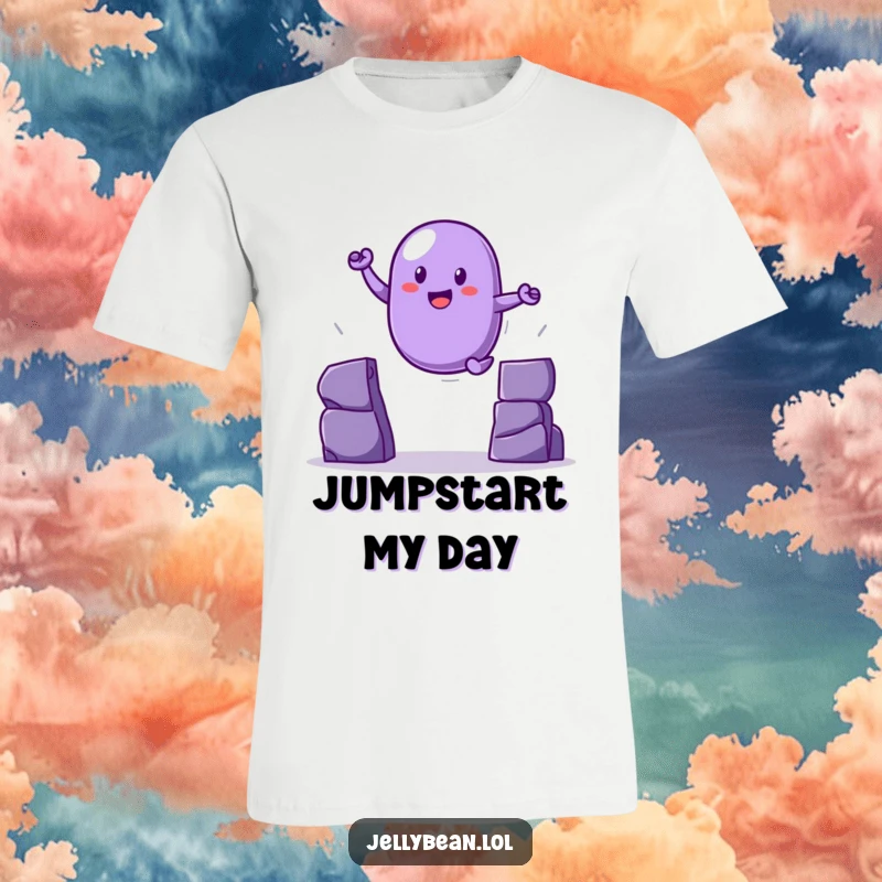 Funny purple jelly bean t-shirt in a heroic leap over a gap, a high-energy funny gift.