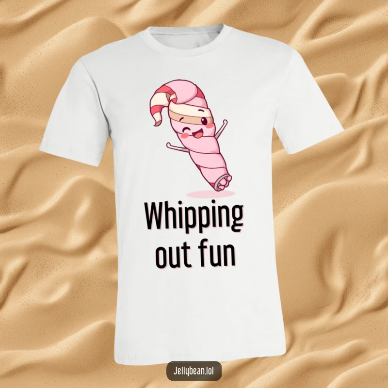 Funny t-shirt depicting a happy licorice whip character executing a silly stunt with enthusiasm and playful energy.