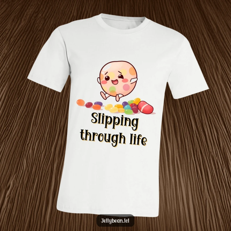 Funny T-Shirt with a jelly bean character tumbling after slipping on scattered candy, a picture of comical mishap.
