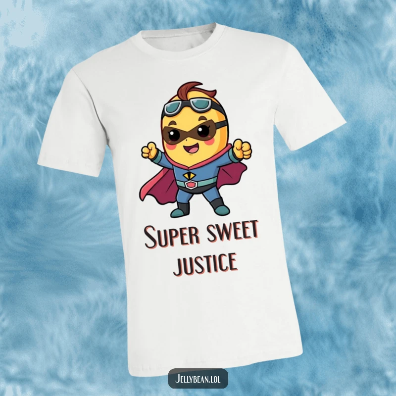 Funny t-shirt featuring a jelly bean character as a superhero, striking a powerful and dynamic pose, ready for adventure.